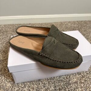 NWT J. Jill 7 Olive Green Suede Penny Loafer Mule Flats Slip On Quiet Luxury